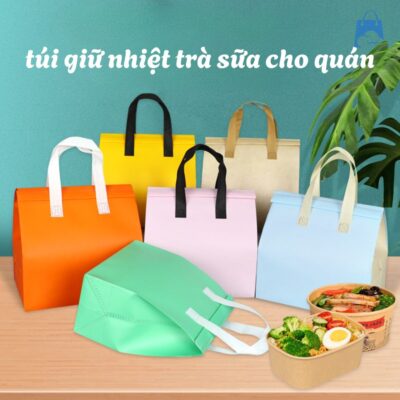Bộ túi giữ nhiệt trà sữa nhiều màu cho quán – màu sắc tươi sáng, thiết kế đứng phom chắc chắn – phù hợp cho đóng gói đồ uống, cơm hộp bán mang đi.