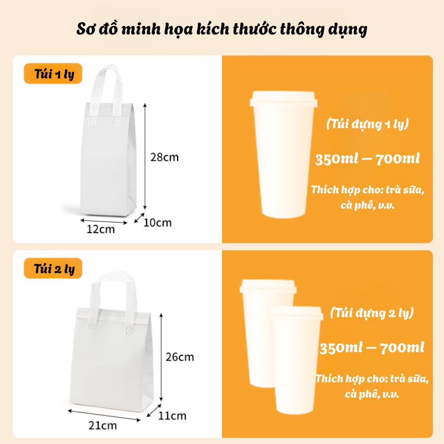 Túi Giữ Nhiệt Trà Sữa Màu Trắng – Giải Pháp Bao Bì Sang Trọng Cho Mọi Thương Hiệu Túi Giữ Nhiệt Trà Sữa Màu Trắng Minh họa kích thước túi giữ nhiệt 1 ly và 2 ly – tương thích với ly 350ml đến 700ml, phù hợp trà sữa và cà phê.