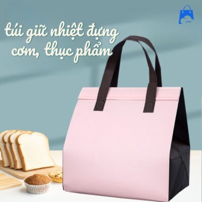 Túi giữ nhiệt đựng cơm size lớn, màu hồng đen, dùng cho dân văn phòng, picnic, mang cơm trưa.
