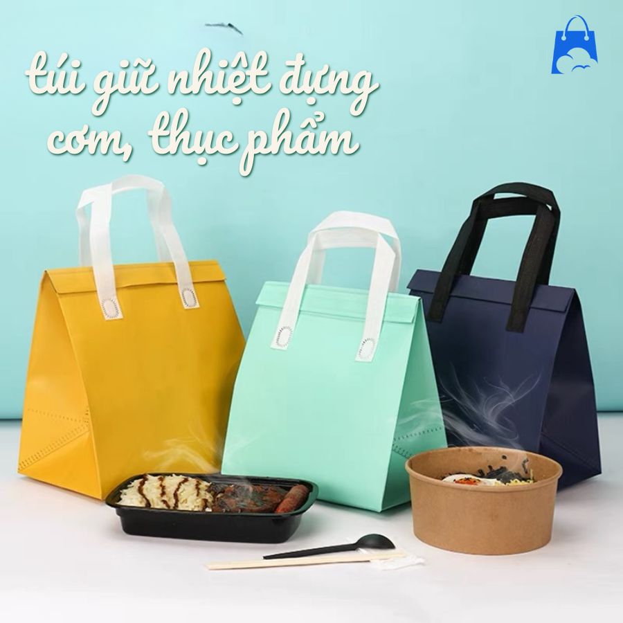 Túi Giữ Nhiệt Đựng Cơm – Bữa Ăn Luôn Nóng Hổi, Tiện Lợi Mỗi Ngày Combo túi giữ nhiệt đựng cơm, thực phẩm với 3 màu: vàng, xanh mint, xanh navy, giữ nóng lạnh tốt.