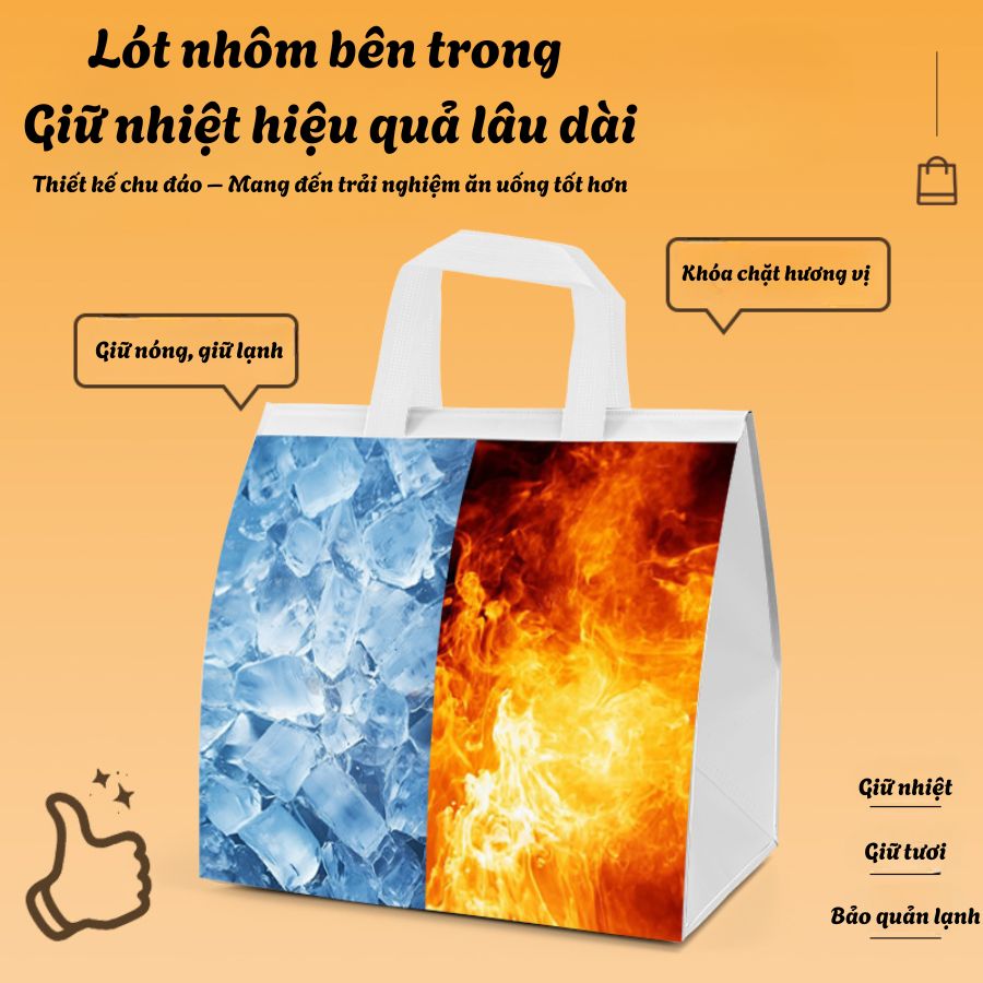 Túi Giữ Nhiệt Trà Sữa Màu Trắng – Giải Pháp Bao Bì Sang Trọng Cho Mọi Thương Hiệu Túi giữ nhiệt có lớp lót nhôm chống thấm, minh họa hiệu ứng nóng – lạnh, giúp giữ nhiệt lâu dài và bảo quản thực phẩm tốt hơn.
