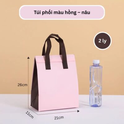Túi giữ nhiệt trà sữa 2 ly màu hồng phối nâu – thiết kế dễ thương, phù hợp cho quán nước mang đi
