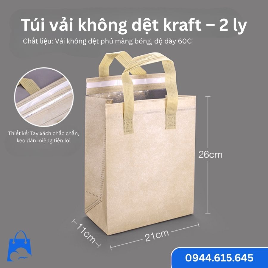 Túi giữ nhiệt kraft 3 lớp đựng 2 ly trà sữa, kích thước 26×21×11 cm, có lớp nhôm lót và quai xách tiện lợi