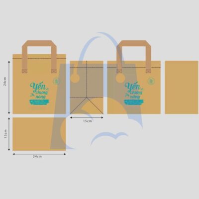 Mẫu túi giữ nhiệt màu vàng kích thước 24×15×24cm, in logo “Yến chưng nóng” nổi bật, quai xách cùng tone, phù hợp đựng yến nóng giao hàng, giữ nhiệt tốt.