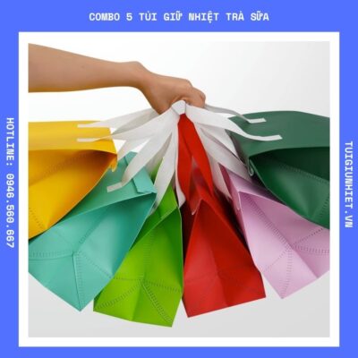 Combo 5 túi giữ nhiệt nhiều màu, tiện mang trà sữa, cà phê – chất liệu bền đẹp, giữ nhiệt tốt.