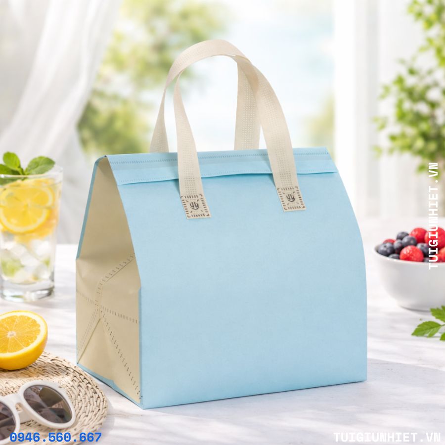 Túi giữ nhiệt trà sữa giá rẻ màu xanh pastel với thiết kế gọn nhẹ, quai xách chắc chắn và form đứng dễ xếp ly. Sản phẩm phù hợp cho quán trà sữa, cà phê cần giải pháp đóng gói tiết kiệm chi phí nhưng vẫn giữ nhiệt ổn định.