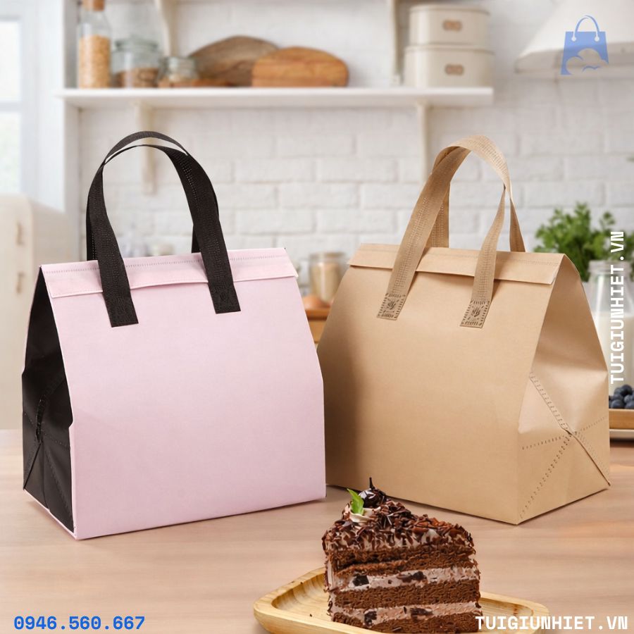 Túi giữ nhiệt trà sữa giá rẻ phối màu hồng và kraft, phù hợp đựng trà sữa, bánh ngọt và đồ uống mang đi. Thiết kế đơn giản, dễ phối concept quán, giúp tối ưu chi phí đóng gói cho cửa hàng nhỏ và vừa.