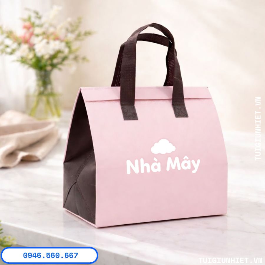 In túi giữ nhiệt cho quán trà sữa màu hồng in logo Nhà Mây, kiểu dáng đẹp, quai chắc chắn, giúp nâng cao hình ảnh thương hiệu khi giao đồ uống.