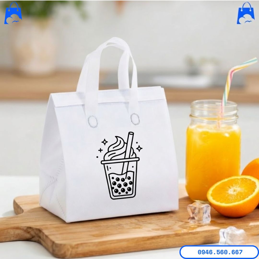 Giải Pháp In Túi Giữ Nhiệt Cho Shop Online – Tăng Giá Trị Thương Hiệu và Thu Hút Khách Hàng In túi giữ nhiệt cho shop online màu trắng có in hình ly trà sữa, phù hợp branding cho quán đồ uống take away.