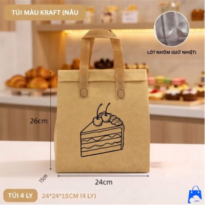 Túi giữ nhiệt làm bao bì size 4 ly màu kraft chụp chính diện, có lót nhôm giữ nhiệt bên trong, thích hợp làm bao bì cao cấp cho quán trà sữa.