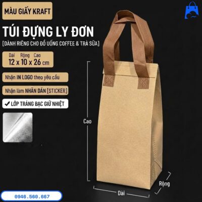 Túi Giữ Nhiệt 3 Lớp Vải Không Dệt thiết kế size đựng ly đơn, có lớp lót bạc giữ nhiệt phù hợp cho trà sữa và cà phê mang đi.