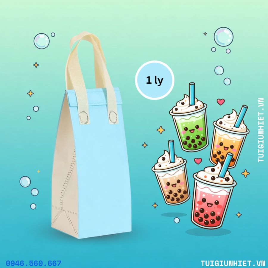 Túi giữ nhiệt trà sữa nhiều size loại 1 ly nhỏ gọn, thiết kế tiện lợi với quai xách chắc chắn, phù hợp mang đi và giữ lạnh đồ uống.
