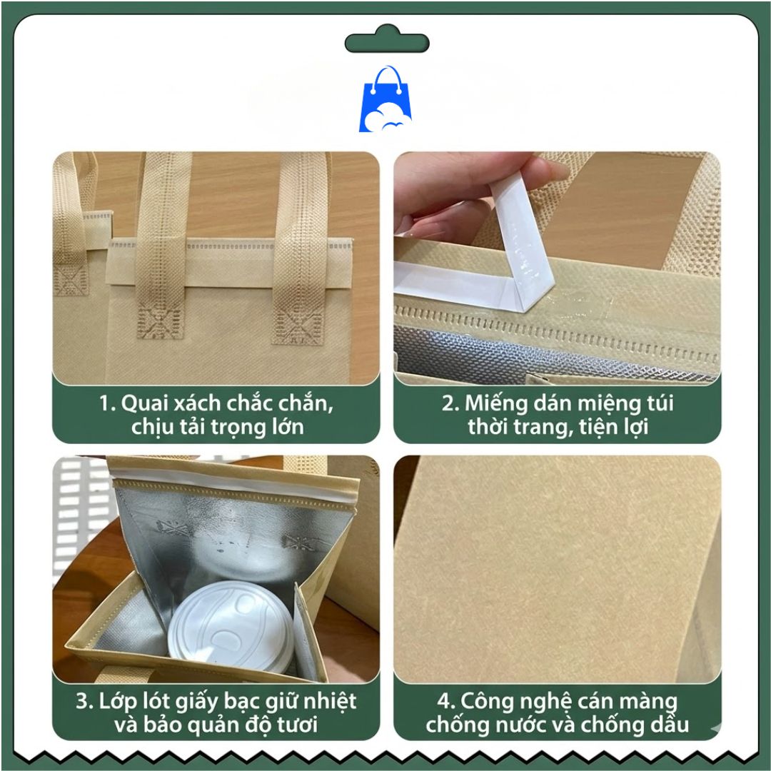 Túi Giữ Nhiệt Vải Không Dệt Giao Hàng – Giải Pháp Tối Ưu Cho Mùa Lễ 30/4 Bùng Nổ Đơn Hàng túi giữ nhiệt vải không dệt giao hàng với quai xách chắc chắn, lớp lót nhôm giữ nhiệt và bề mặt chống nước chống dầu hiệu quả.