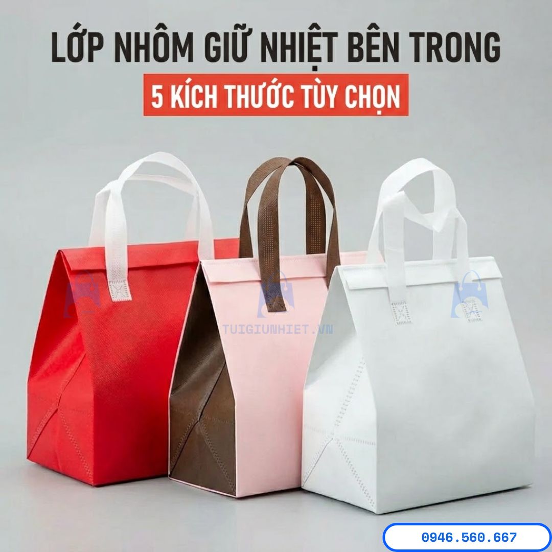 TÚI GIỮ NHIỆT TRÀ SỮA GIAO ĐỒ ĂN: "CHIẾN THẦN" CHỐNG TAN ĐÁ, "VŨ KHÍ" CHỐT ĐƠN 5 SAO Các mẫu túi giữ nhiệt trà sữa giao đồ ăn với lớp nhôm giữ nhiệt bên trong, nhiều màu sắc và kích thước phù hợp cho takeaway và delivery.