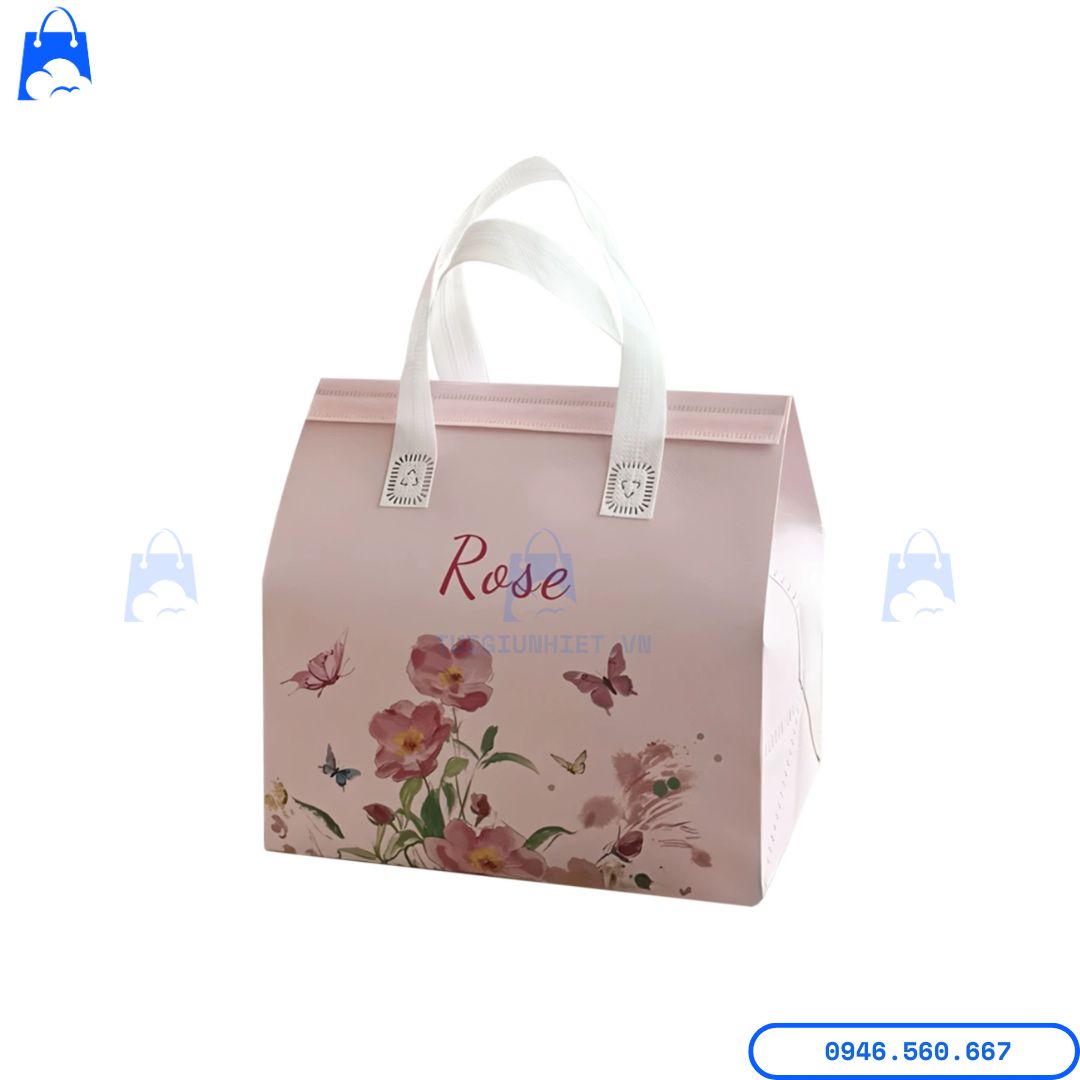 Túi giữ nhiệt trà sữa in logo Rose với thiết kế hoa nhẹ nhàng, quai xách bền, phù hợp làm bao bì thương hiệu cho quán trà sữa và cà phê.