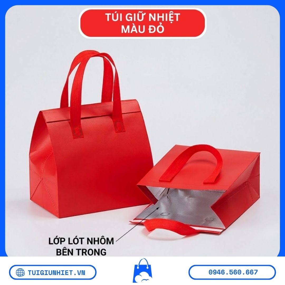 Túi Giữ Nhiệt Shipper Trà Sữa Giao Cơm Văn Phòng – Giải Pháp Hoàn Hảo Cho Ship & Takeaway 2026 Túi giữ nhiệt shipper trà sữa giao cơm văn phòng màu đỏ với lớp lót nhôm bên trong giúp giữ nóng lạnh hiệu quả và tăng tính chuyên nghiệp khi giao hàng.