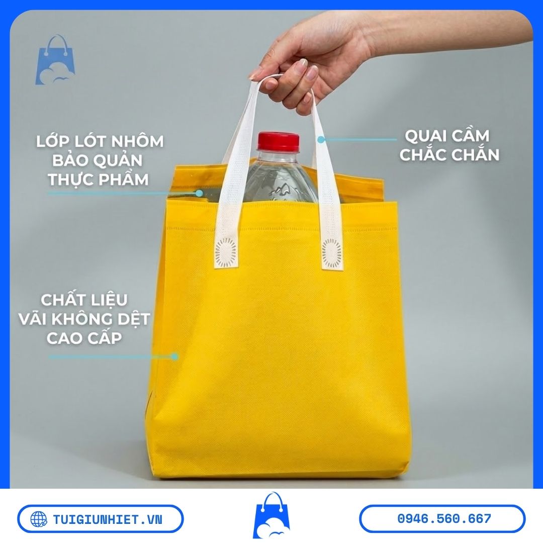 Túi Giữ Nhiệt Shipper Trà Sữa Giao Cơm Văn Phòng – Giải Pháp Hoàn Hảo Cho Ship & Takeaway 2026 Túi giữ nhiệt shipper trà sữa giao cơm văn phòng sử dụng vải không dệt cao cấp, quai cầm chắc chắn và lớp lót nhôm bảo quản thực phẩm tốt hơn.