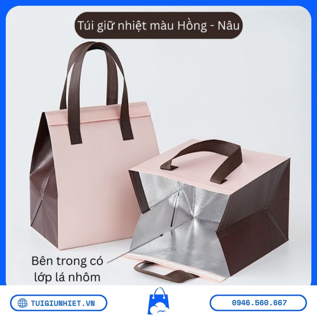 Túi vải không dệt giữ nhiệt trà sữa giao hàng phối màu hồng nâu, lớp lót nhôm giữ nhiệt, chống thấm và phù hợp đựng đồ uống, thực phẩm mang đi.