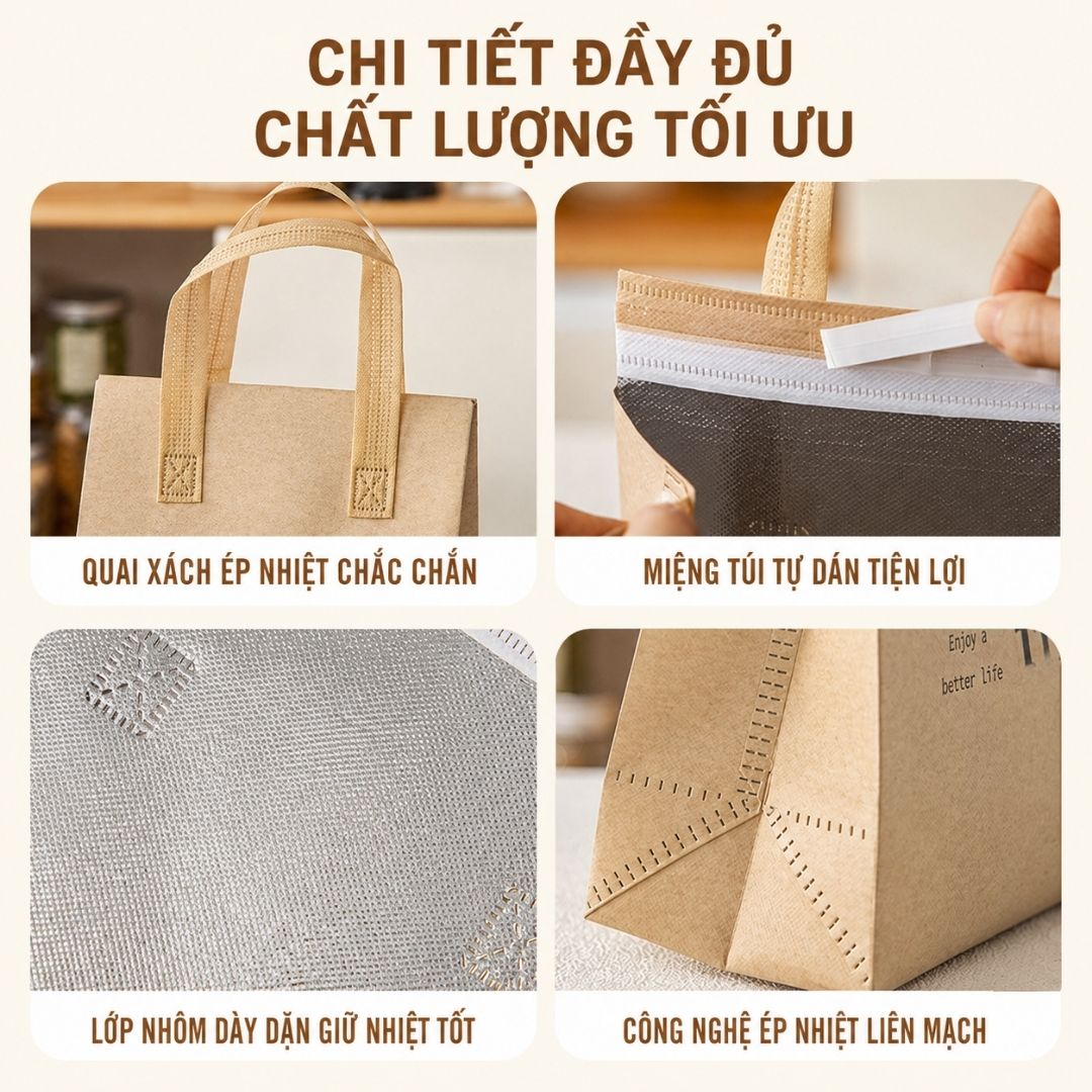 In Logo Túi Giữ Nhiệt Trà Sữa Giá Bao Nhiêu? Quy Trình & Bảng Giá Cập Nhật 2026 In Logo Túi Giữ Nhiệt Trà Sữa Giá Bao Nhiêu với quai ép nhiệt chắc chắn, miệng túi dán keo, lớp nhôm giữ nhiệt và công nghệ ép nhiệt bền đẹp.