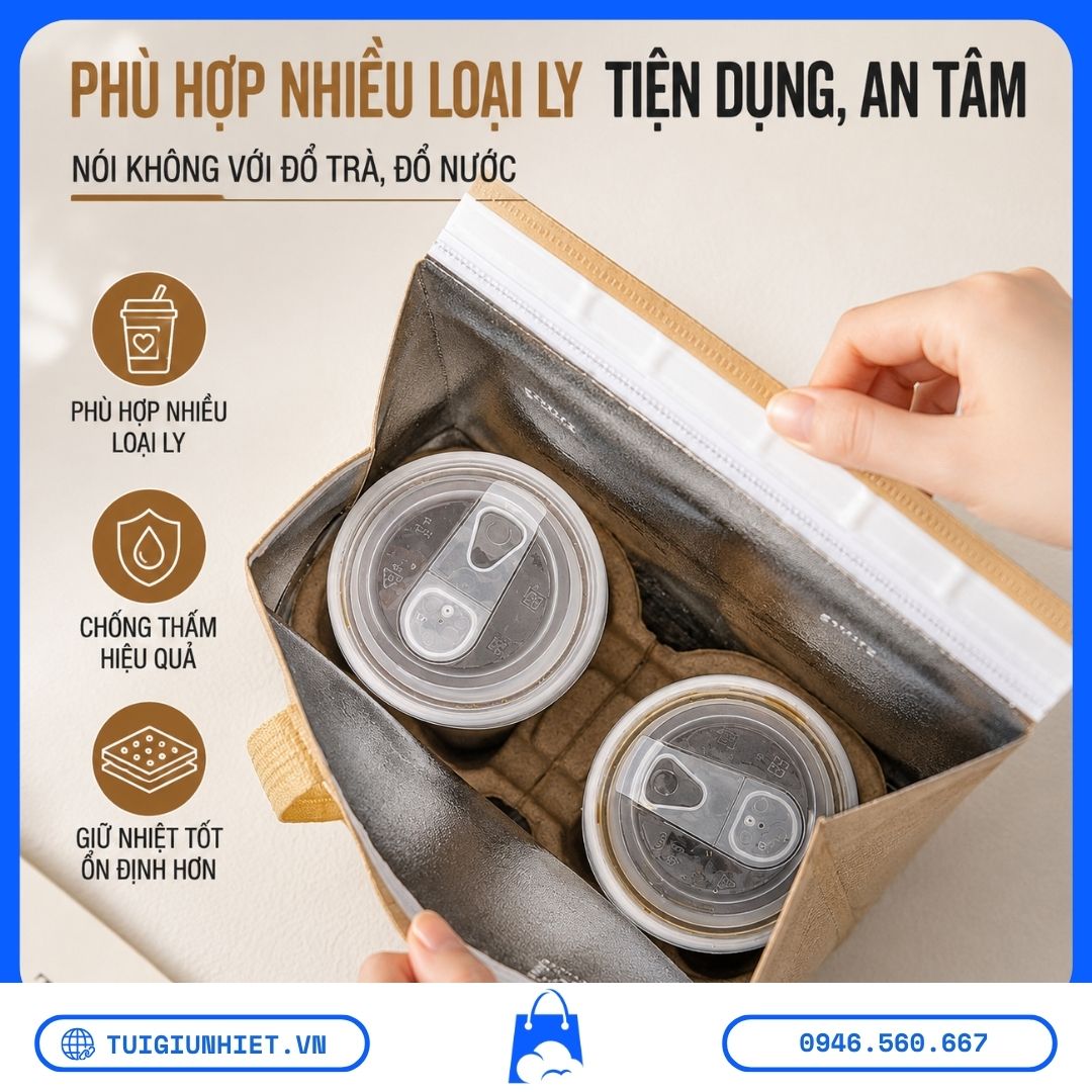 In Logo Túi Giữ Nhiệt Trà Sữa Giá Bao Nhiêu? Quy Trình & Bảng Giá Cập Nhật 2026 In Logo Túi Giữ Nhiệt Trà Sữa Giá Bao Nhiêu với lớp lót nhôm giữ nhiệt, chống thấm, phù hợp đựng nhiều loại ly trà sữa và cà phê mang đi.