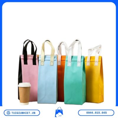 Review Túi Giữ Nhiệt Size 1 Ly với nhiều màu như hồng, xanh dương, xanh mint, vàng, trắng và cam, phù hợp quán trà sữa, cà phê và đồ uống mang đi.