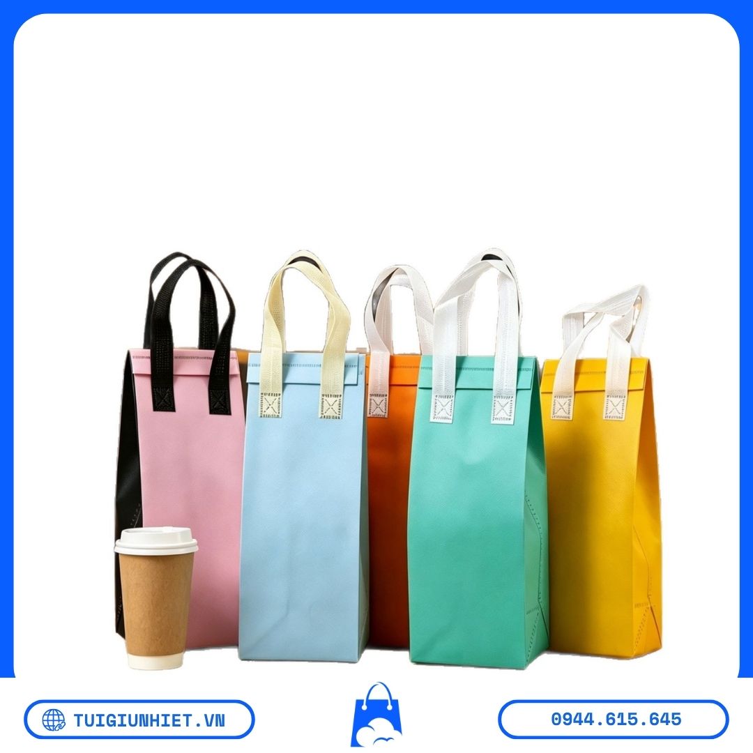 Review Túi Giữ Nhiệt Size 1 Ly - Phù Hợp Cho Ai? Có Đáng Để Đóng Gói Takeaway? Review Túi Giữ Nhiệt Size 1 Ly với nhiều màu như hồng, xanh dương, xanh mint, vàng, trắng và cam, phù hợp quán trà sữa, cà phê và đồ uống mang đi.