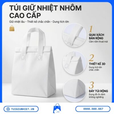 Túi Giữ Nhiệt Chống Thấm & Dễ Vệ Sinh với quai xách bản rộng, thiết kế 3D chắc chắn, đáy túi rộng và chất liệu cao cấp.