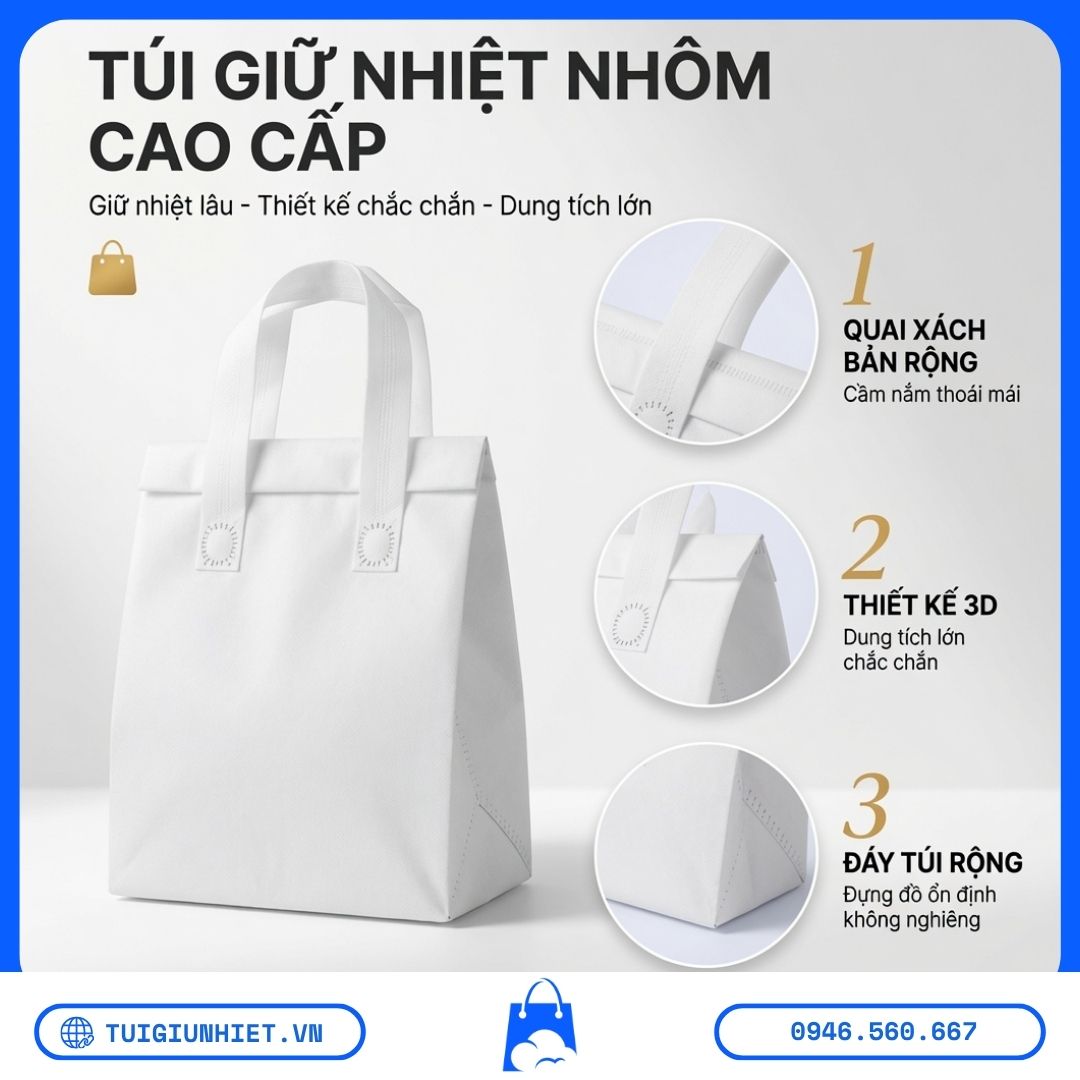 Túi Giữ Nhiệt Chống Thấm & Dễ Vệ Sinh với quai xách bản rộng, thiết kế 3D chắc chắn, đáy túi rộng và chất liệu cao cấp.