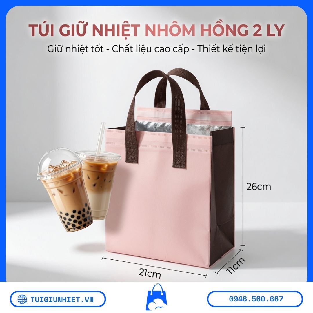 Túi Giữ Nhiệt Chống Thấm & Dễ Vệ Sinh size 2 ly kích thước 21x11x26cm, lớp lót nhôm giữ nhiệt, phù hợp đựng trà sữa và cà phê mang đi.