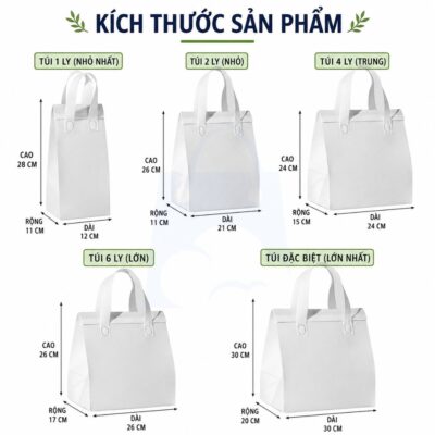 Túi Giữ Nhiệt Đựng Thực Phẩm Size Lớn với nhiều kích thước từ 1 ly đến 6 ly và size đặc biệt, đáp ứng đa dạng nhu cầu đóng gói thực phẩm.