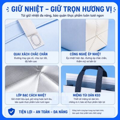 Túi Giữ Nhiệt Trà Sữa Là Gì? Cấu tạo gồm quai xách chịu lực, công nghệ ép nhiệt, lớp bạc cách nhiệt và miệng túi dán kín chống rò rỉ.
