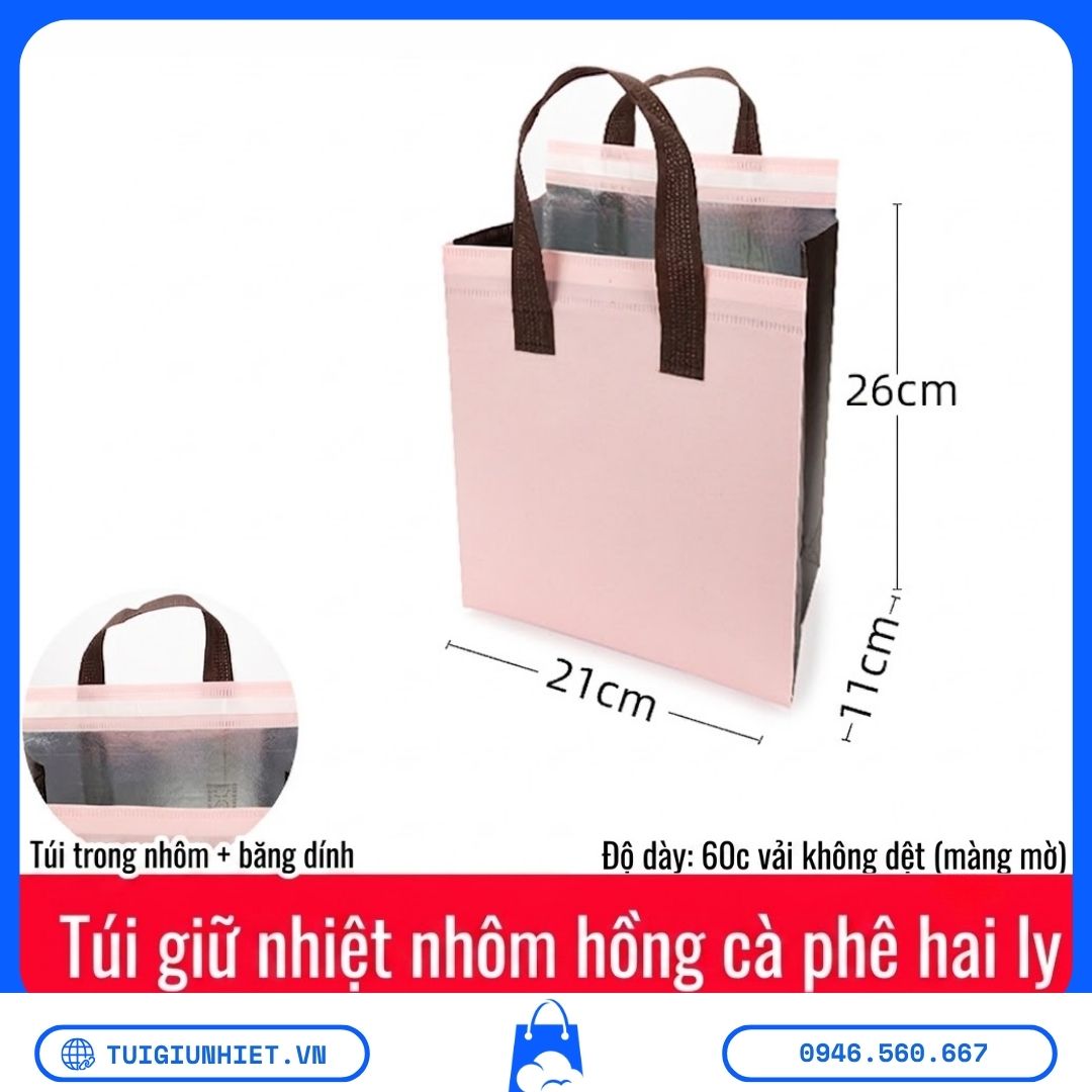 Túi Giữ Nhiệt Trà Sữa Tốt Nhất 2026 dành cho 2 ly, kích thước 26 x 21 x 11 cm, lớp lót nhôm giữ nhiệt, phù hợp giao trà sữa và cà phê.