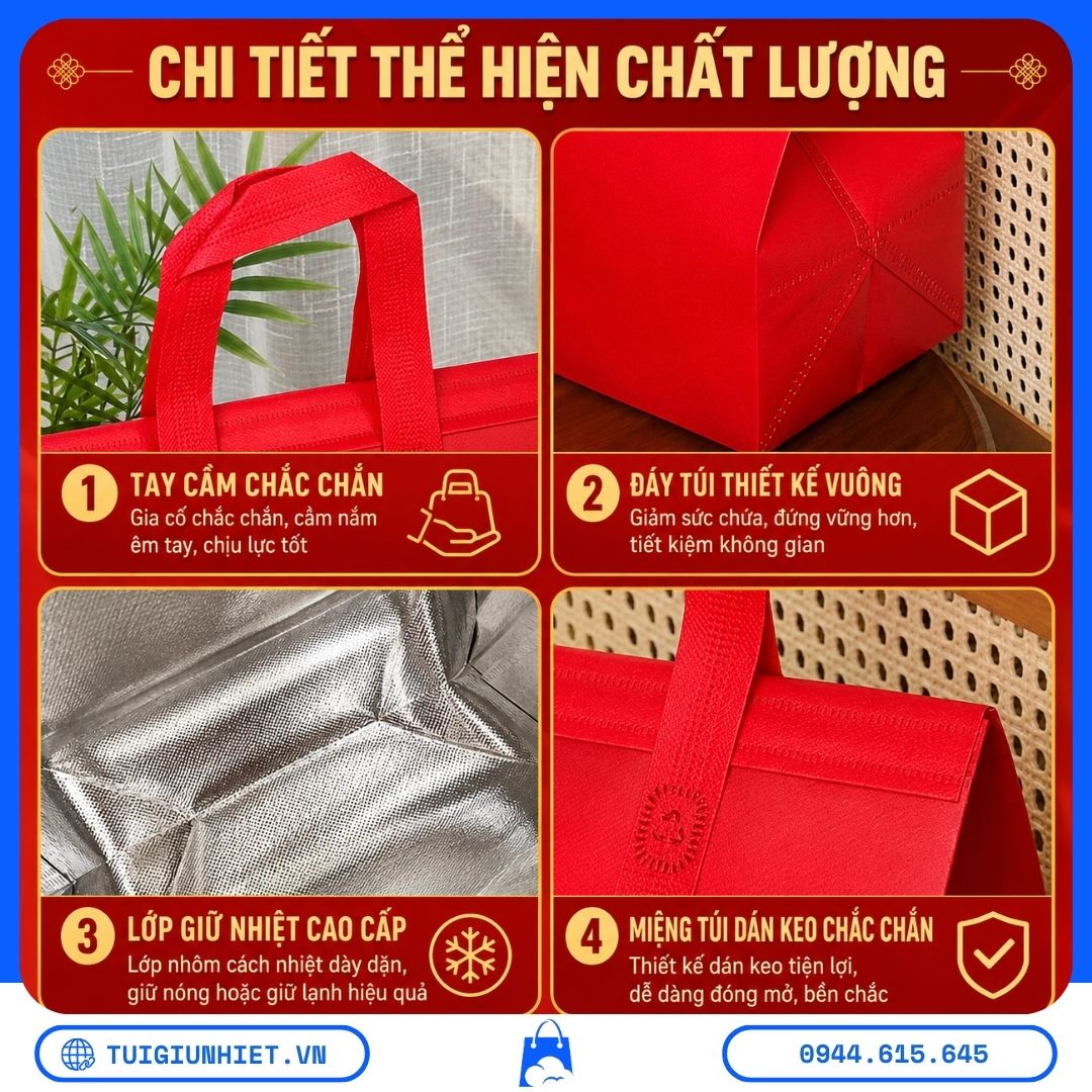 Mẹo Giao Trà Sữa Ngày Mưa Dông Tháng 8/2026 – Giữ Lạnh + Chống Ướt Hiệu Quả Cho Shipper Mẹo Giao Trà Sữa Ngày Mưa với túi giữ nhiệt có tay cầm chắc chắn, đáy túi vuông vững, lớp nhôm cách nhiệt dày và miệng túi đóng kín giúp bảo quản đồ uống tốt hơn.