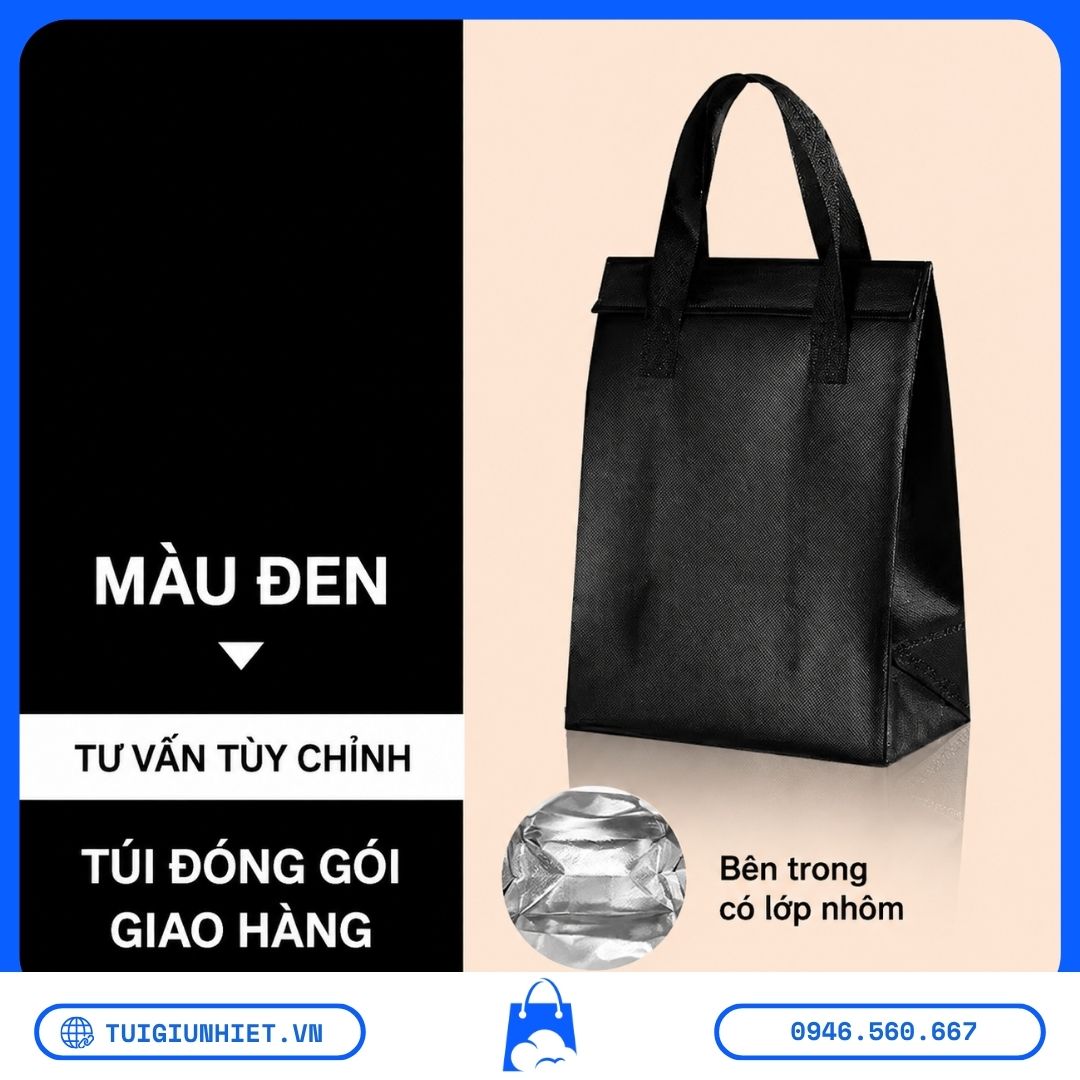 Túi Giữ Nhiệt Lót Bạc – Bí Quyết Giữ Lạnh & Giữ Nóng Hiệu Quả Nhất Túi Giữ Nhiệt Lót Bạc màu đen, thiết kế hiện đại và chắc chắn, lớp lót bạc bên trong giúp hạn chế thất thoát nhiệt khi vận chuyển đồ ăn và nước uống.