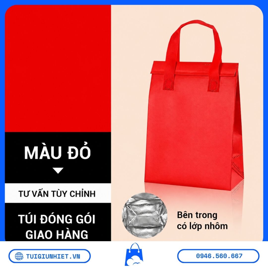 Túi Giữ Nhiệt Lót Bạc – Bí Quyết Giữ Lạnh & Giữ Nóng Hiệu Quả Nhất Túi Giữ Nhiệt Lót Bạc màu đỏ, kiểu dáng túi xách tiện lợi, bên trong lót bạc, phù hợp giao đồ ăn, trà sữa, cà phê và các loại nước uống.