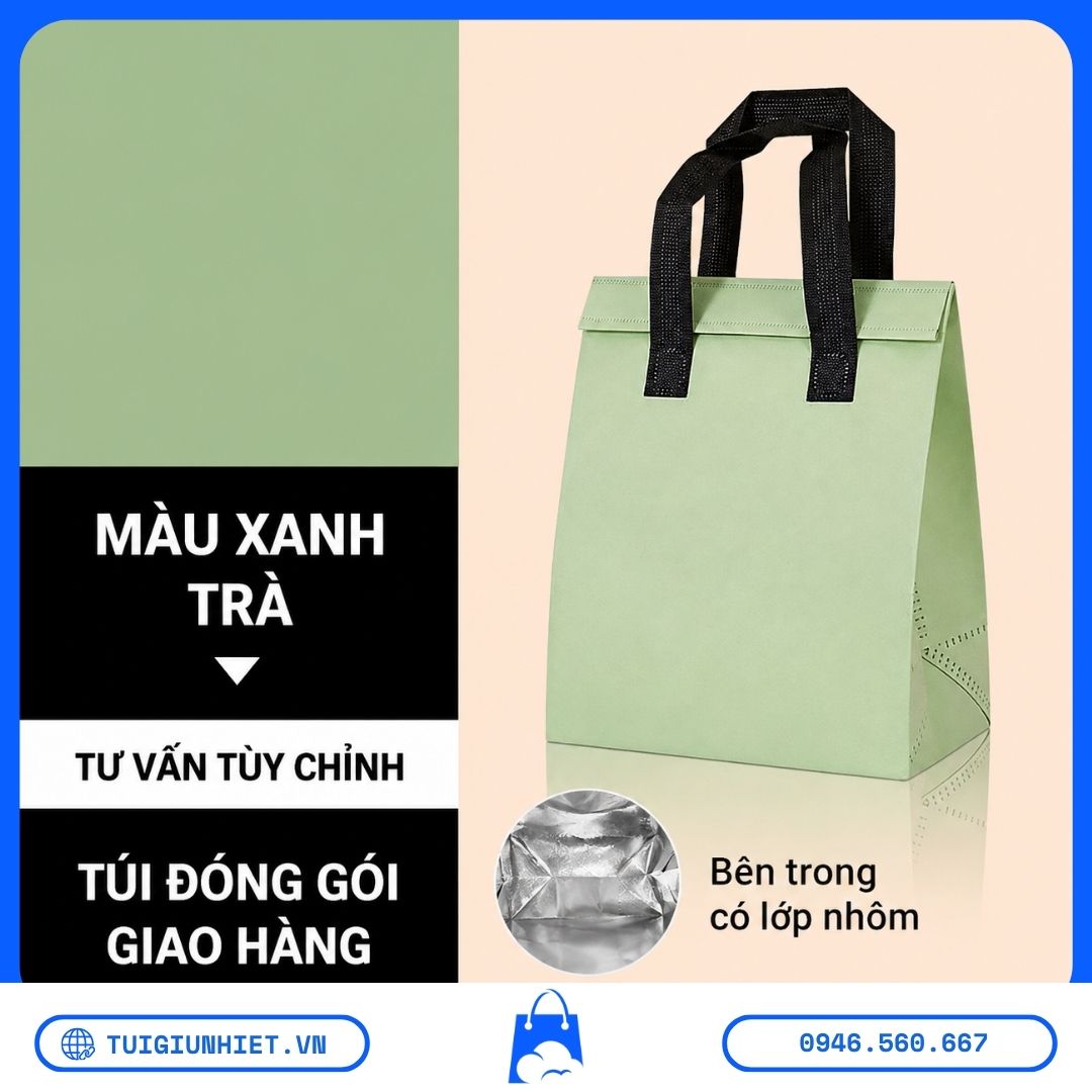 Túi Giữ Nhiệt Lót Bạc – Bí Quyết Giữ Lạnh & Giữ Nóng Hiệu Quả Nhất Túi Giữ Nhiệt Lót Bạc màu xanh trà, thiết kế quai xách tiện dụng, bên trong có lớp bạc giữ nhiệt, phù hợp cho cửa hàng đồ ăn, trà sữa và giao hàng.