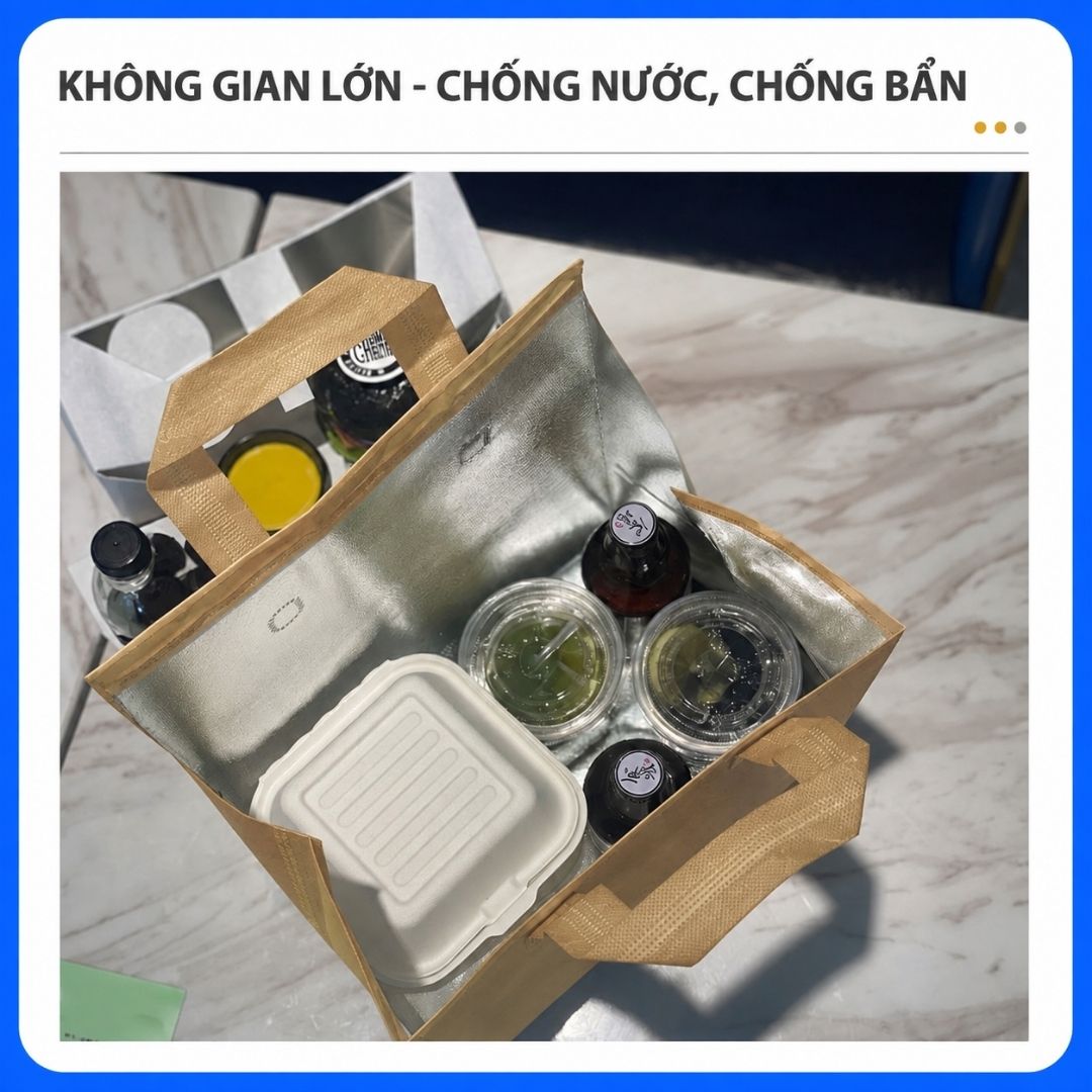 Túi giữ nhiệt thực phẩm giữ lạnh: Giải pháp bảo quản thực phẩm khi di chuyển Túi Giữ Nhiệt Thực Phẩm Giữ Lạnh đựng đồ ăn, không gian rộng có lớp nhôm bên trong, phù hợp đựng hộp thức ăn, chai nước, đồ uống và phục vụ nhu cầu giao hàng.