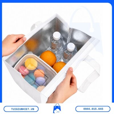 Túi Giữ Nhiệt Thực Phẩm Mang Đi Làm lót bạc bên trong, không gian rộng để đựng thực phẩm, nước uống và hộp cơm, phù hợp mang theo hằng ngày.