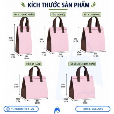 Túi Giữ Nhiệt Thực Phẩm Vải Không Dệt với nhiều kích thước từ túi 1 ly, 2 ly, 4 ly, 6 ly đến túi đặc biệt lớn, phù hợp đựng thực phẩm, đồ uống và giao hàng.