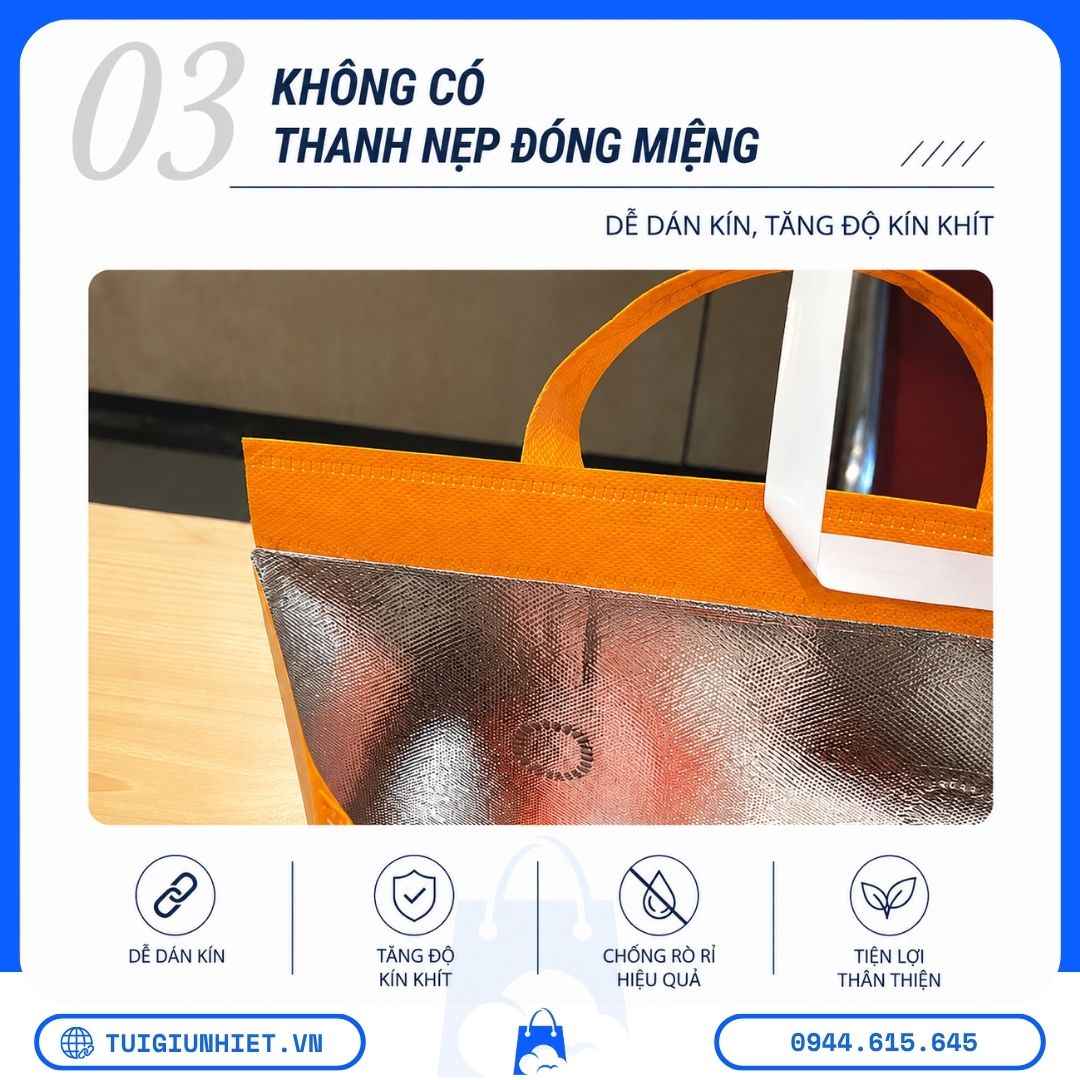 Túi Giữ Nhiệt Vải Không Dệt Đựng Cơm – Giữ Nóng Hiệu Quả Cho Cơm Hộp & Giao Đồ Ăn Túi Giữ Nhiệt Vải Không Dệt Đựng Cơm với thiết kế không có thanh nẹp đóng miệng, dễ dán kín, tăng độ kín khí và hạn chế rò rỉ khi đựng thực phẩm.
