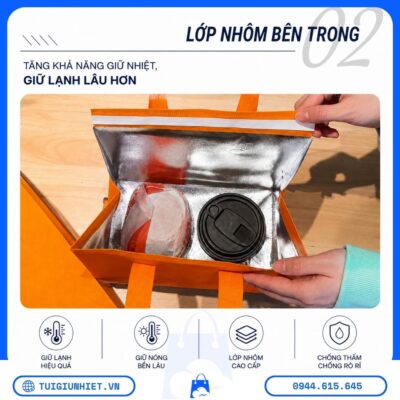 Túi Giữ Nhiệt Vải Không Dệt Đựng Cơm có lớp nhôm bên trong giúp tăng khả năng giữ nhiệt, giữ nóng, giữ lạnh và hỗ trợ bảo quản thực phẩm.