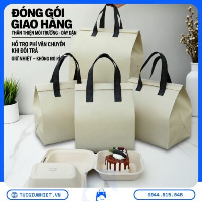 Túi Giao Đồ Ăn Cho Quán thiết kế dày dặn, có quai xách chắc chắn, phù hợp đóng gói và giao đồ ăn, bánh và thức uống cho khách hàng.