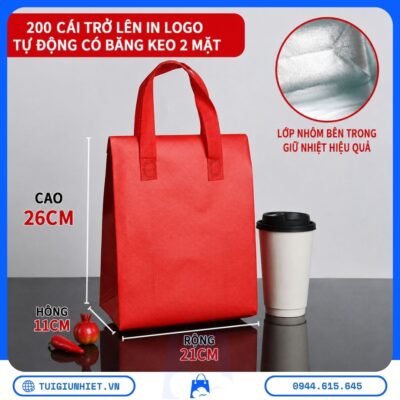 Túi giao đồ ăn giữ nhiệt nhiều kích thước, phù hợp đựng trà sữa, đồ uống và thực phẩm khi giao hàng, có lớp nhôm bên trong hỗ trợ giữ nhiệt.