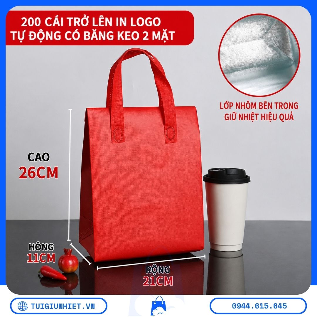 Túi giao đồ ăn giữ nhiệt: Phân tích chi tiết cấu tạo, hiệu suất thực tế, size chuẩn và so sánh đối thủ trên thị trường Việt Nam 2026 Túi giao đồ ăn giữ nhiệt nhiều kích thước, phù hợp đựng trà sữa, đồ uống và thực phẩm khi giao hàng, có lớp nhôm bên trong hỗ trợ giữ nhiệt.