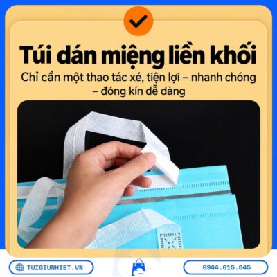 Túi Giữ Nhiệt Gấp Gọn có thiết kế dán miệng liền khối, thao tác đóng mở nhanh chóng, tiện lợi khi bảo quản và giao đồ ăn, thức uống.